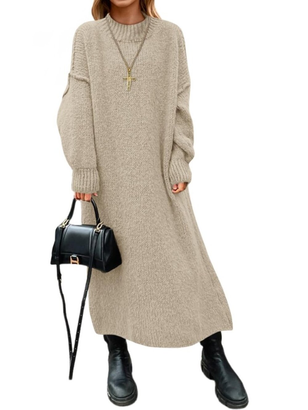 Womens Oversized Sweater Dress Mock Neck Long Sleeve Casual Warm Chunky Knit